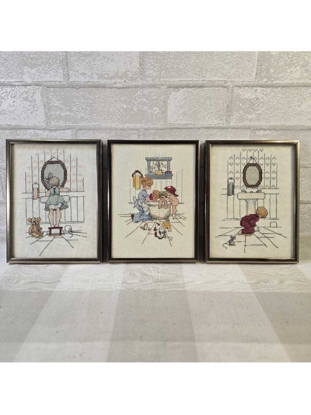 3 Handmade Cross Stitch Samplers Bath Children Mother Bathroom Cottage Decor